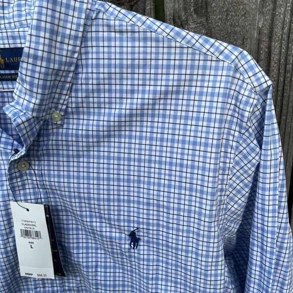 Polo Ralph Lauren Shirt Mens Large Classic Fit Gingham Plaid Blue Button Down - Picture 10 of 16